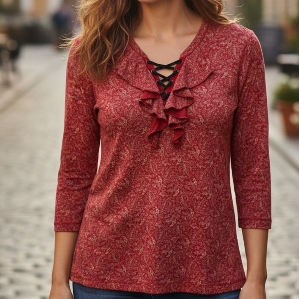 LRL Lauren Jeans Ruffled Laceup Top Womens Medium Red Western Casual Blouse